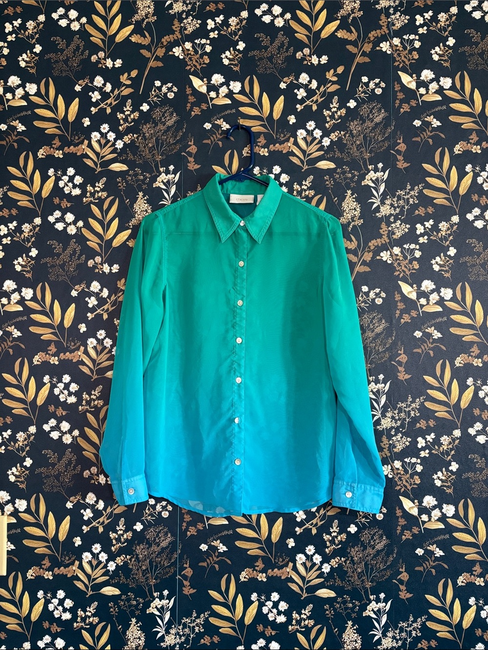 Chico's Sheer Teal-Green Ombre Long-Sleeve Button-Down Shirt Size 0 or S